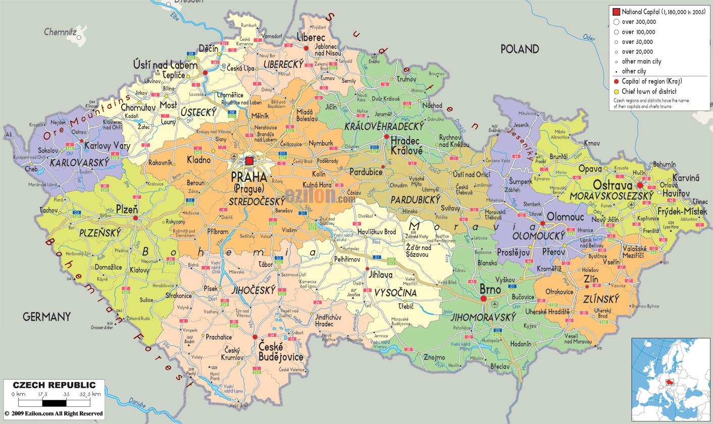 Karte der Tschechischen Republik  Landkarte Tschechien 